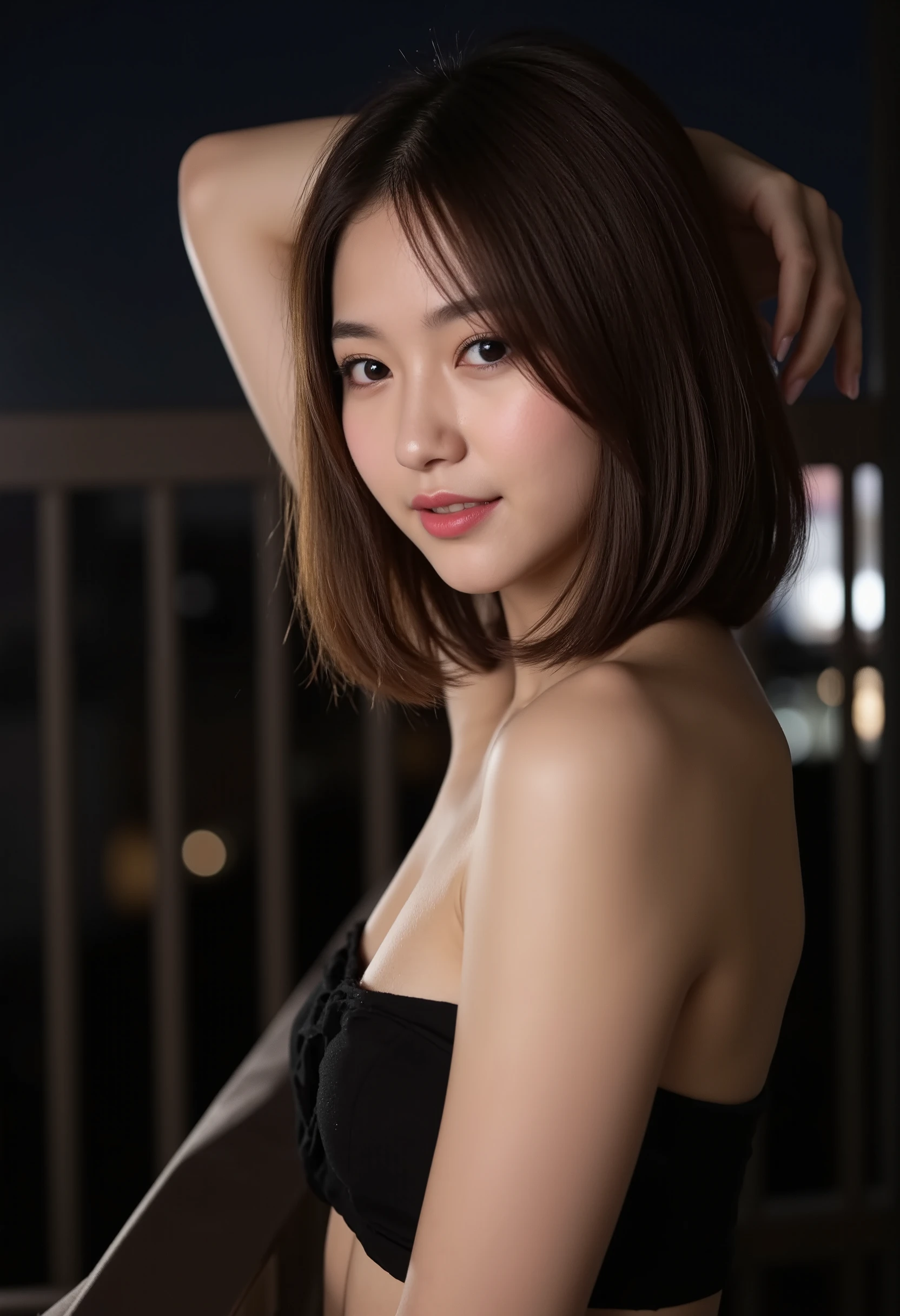 (Best quality, Ultra detailed, Golden ratio, Masterpiece:1.2), Theatrical lighting:0.7, Photo of a woman, dressed in a very elegant and pretty dress, Perfect rare face, (Highly detailed skin), brown hair, Hide your mouth with your hands、having wine in her hand, Ridicule, skin texture, Pale skin, (thin, large size:1.2), [:(Sharp focus on rare face, perfect eyes:1.2):0.2], photorealistic, film grain, breasts、from below looking up, focus from torso to face, having a wine on her hand in a club、look right from the camera, with in her hand、Emphasize the shoulders, Focus on body, one leg on the other, full black american clothes, Smile with corners of mouth raised、disdainful expression, summer haze, muted colors, muted warm colors, Photo cinematic portrait of a woman dressed in a full covered clothes, cinematic, (tilted:1.3) look cautious, sitting on a seat in a club, night time, backlight, soft natural lighting, photography Film grain ISO 400 30 mm lens RAW f1.8 aperture, highly detailed (analog photography:1), colors hdr,