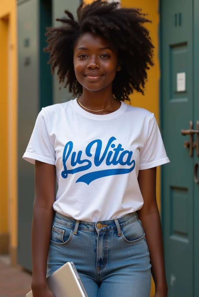 A 25 year old filipina girl wearing a blue tshirt and white jeans and sneakers the background is nigth and koraen park.
