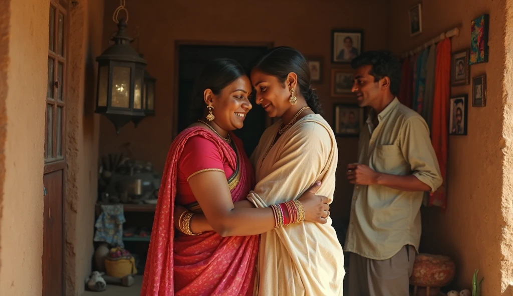 A smiling and beautiful fair indian woman with tied hair lifting and carrying a stout man on her shoulders, man is sitting on woman's shoulders, in a village room