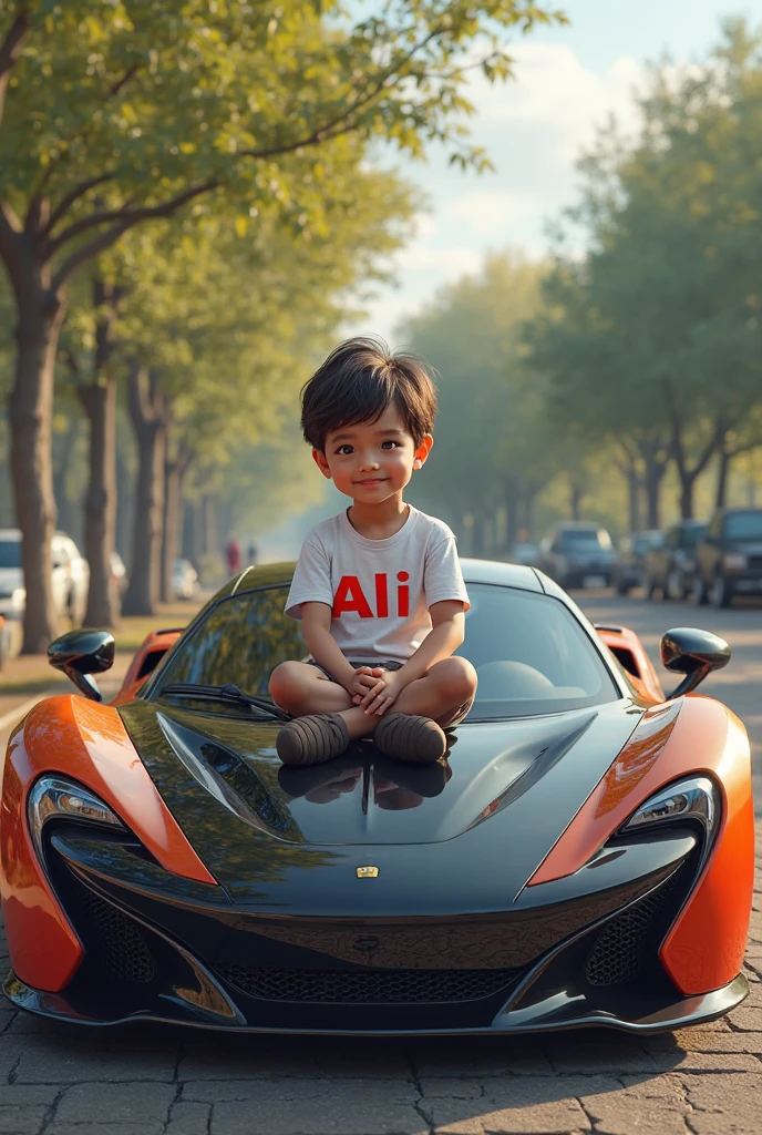 Put beautiful buildings in the background and blur the background. One boy is sitting on a BMW i8 black car and the number plate is CBI 0002. That boy is wearing a white  casual shirt with black long patch jeans and a black mask on his hair.  A 15-year-old boy wearing a Korean style has written DENUWAN on the front of his shirt.3d art painting realistic photo