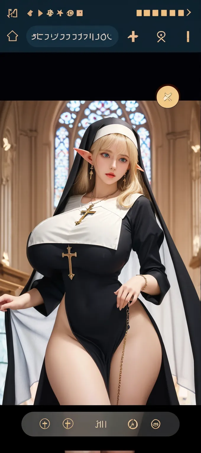 Marie Rose, blondehair, ((masuter piece、masuter piece)), stunning girl, Best Quality, 超A high resolution, (Photorealistic:1.4), (length hair、shinny hair), ((Nun cosplay revealed))、black nun costume、(huge-breasted, Large breasts, Huge breasts that make your clothes burst:1.4)、droopy chest,、thick thighs, wide hips, ((Nun cosplay revealed)), Black Nun'S dress, veil covering hair , Looking at Viewer, close up, chies,