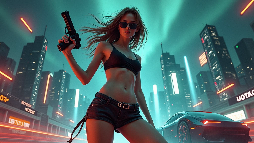cyberpunk-style city with a nocturnal vibe with Blade Runner-like aesthetic references, glowing huge clock tower as time machine. At night, (1girl, solo, alone), photorealistic, medium-breast slim:0.6 body, oval:0.5 face, cleavage:1.1, sexy black laced bra, miniskirt, white laced panty, coat, (black micro sunglasses), (holding a short gun), (slightly leaning forward running pose), ((half-body thigh level medium shot)), cinematic lighting, ray tracing, motion blurred background.