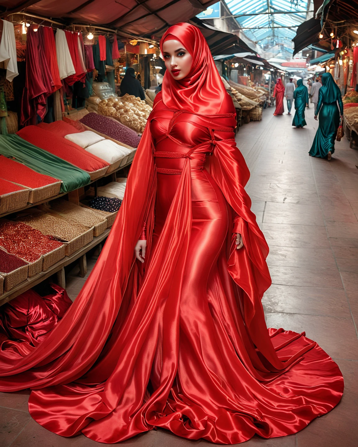 a sexy a woman covered in large red satin cloth, tied tightly with the satin cloth, mummified, the satin hanging down very long, a mermaid style dress, wearing a satin hijab, the satin cloth is very long, forming the curve of the body, flowy satin about 4 meter,full body,masterpice, 4k resolution, ultra-realistic, highly detail.