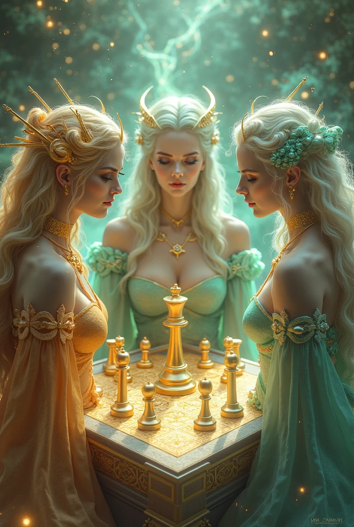 An ancient book opens to reveal a living renaissance painting.  In it, Greek muses with steel and marble skin play chess on a giant marble and glass board, in the middle of an extinct volcano with exuberant vegetation.  From the starry sky, a galactic eye watches,  The image must capture the fusion of nature, mythology and cosmos