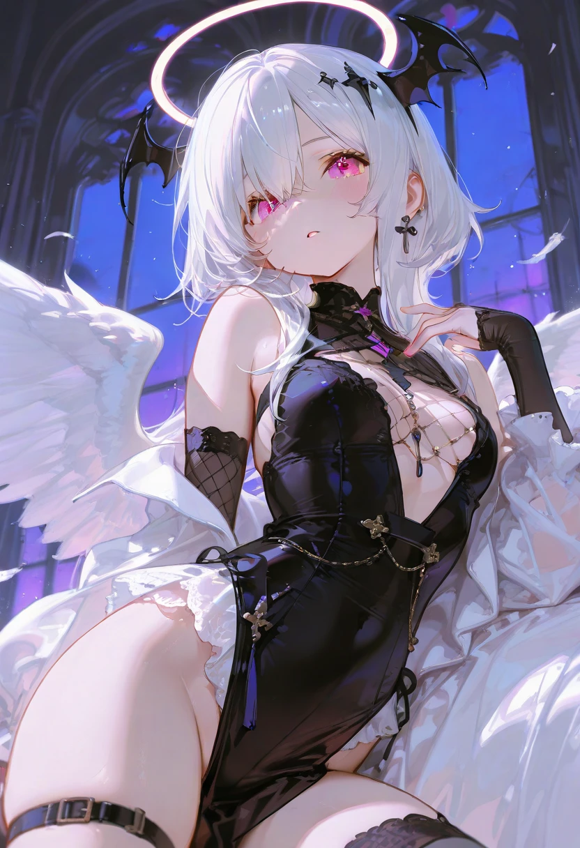 Unrivaled beauty, pale white skin, nudity, slim body, black stockings, transparent and red nipples, Chromatic flag, Lift one leg, sexy energy, ((convex clitoris)), intense gaze, Long thighs, ((silver pubic hair)), Wet genitals, devil horns, devil wings, pregnancy, deep blush, ((anger)), (((Urine comes out of the gaping pussy.))), pain, light pink pussy, Tentacle in pussy, ((tear)), suffering, chain