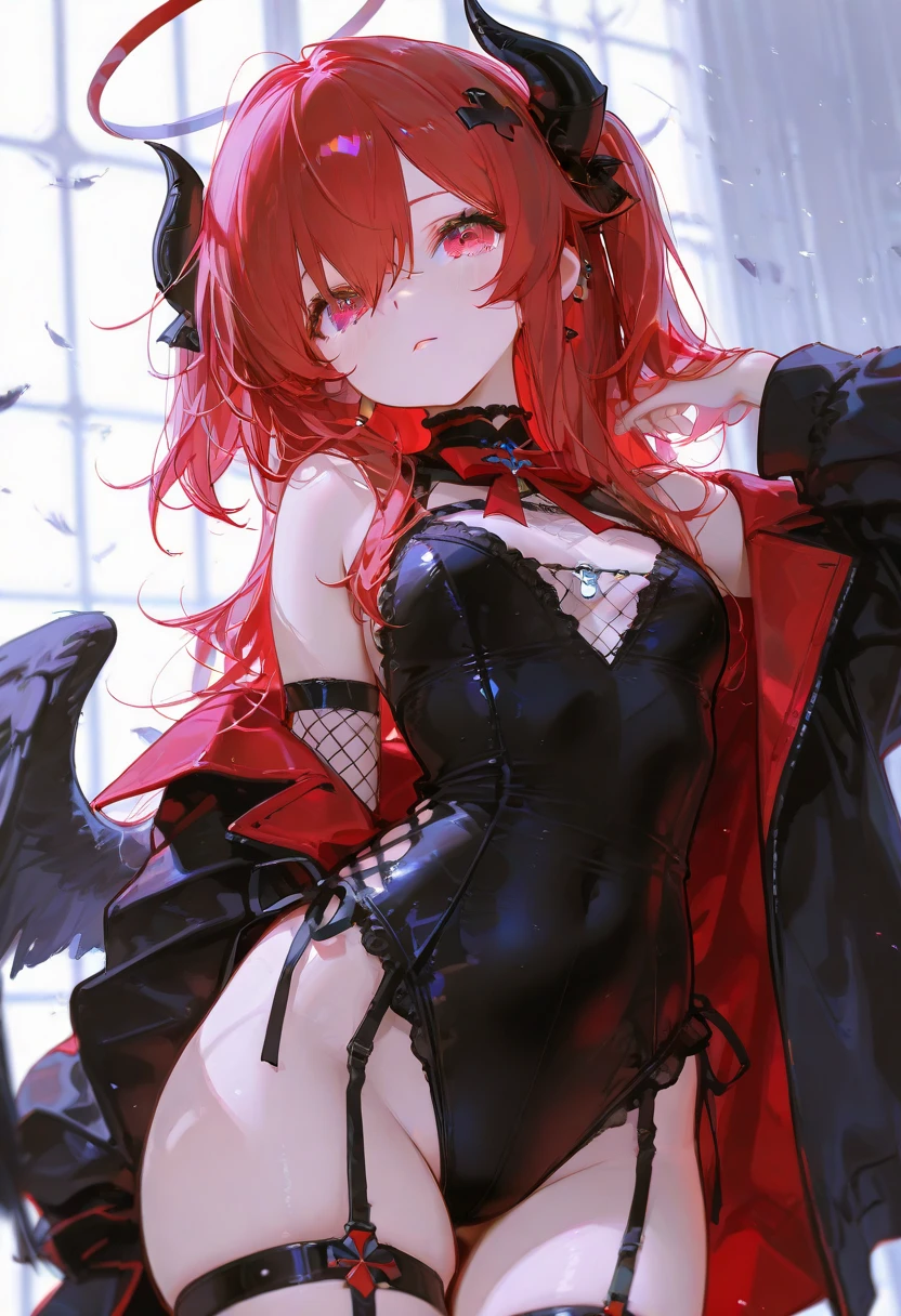 Red Hair、ponytail、Blue ribbon、Takahiro Kimura、Pink waitress、Anna Millers、Amira、Red Heels、White background, Cute face, compensate, (Small box:1.2), (Red eyes:1.5), break Gothic underwear, Perfect body (Large Breasts:1.3), break in full growth, Red Shoes, break Black Stockings, Black Gloves break, Hair Ribbon, Gothic Fashion, looks at the viewer, break (masterpiece:1.2), Highest quality, High resolution, unity 8k wallpaper, (Illustration:0.8), (Beautiful details in the eyes:1.6), Highly detailed face, Perfect lighting, Highly detailed CGI, (Perfect Arms, Perfect Anatomy), (white background:1.5), I have nothing in my hands, 1girl, whole body
