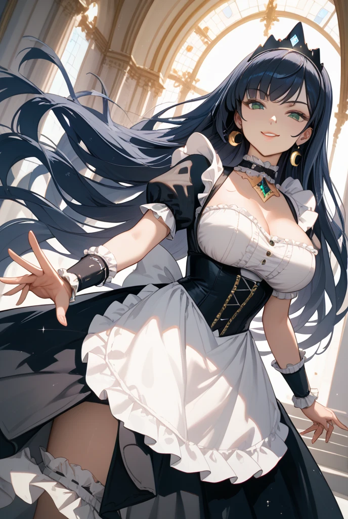 best quality, dark blue hair,,long hair,blue eyes,pointy ears,elf,,masterpiece, highres, solo, (maid:1.40), (long maid dress:1.15), anime_style, 14