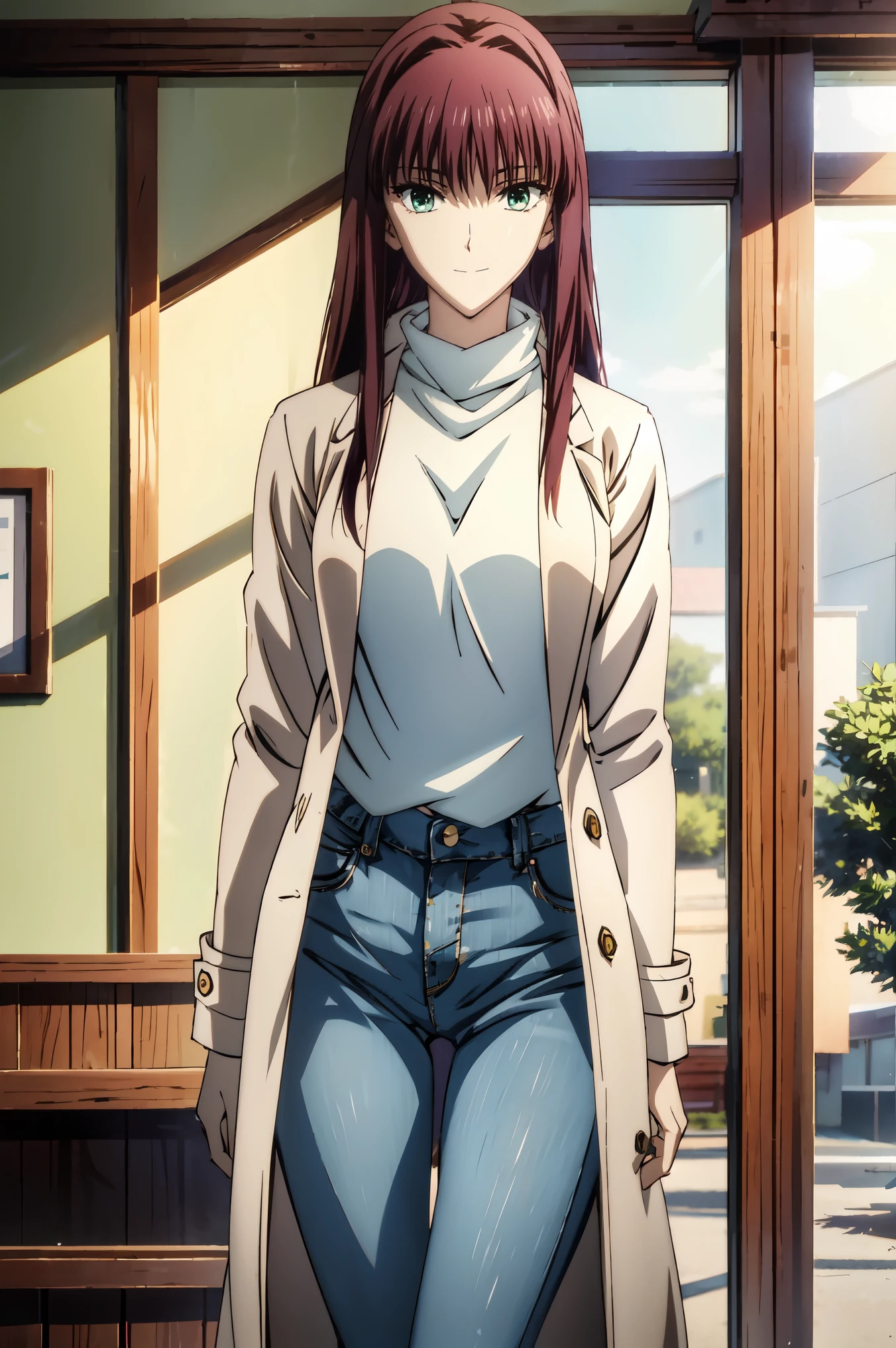 (((jeans))),winter物のlong coatを着た女の子 , (((long coat))) ,(((I'm wearing a turtleneck under my coat))) high definition , Super Detailなイラスト , Highly Detailed Faces , RAW photos , film grain , standing , Connect UHD and 8k , 長い赤紫髪とgreen eyesをしたanime girl , Anime Moe Art Style , 若いanime girlの接写 , Smooth animated CG art , Beautiful Anime High School Girls , Anime Moe Art Style , 超現実的なhigh school students , Seductive anime girl , anime girl , 魅力的なanime girl , 超現実的なhigh school students , anime girl , 8k UHD , high definition , Highly detailed CG , high quality shadows , lots of steam coming out , ディテール美しいDelicate Eyes , Blake(Highly detailed 8k wallpaper) , (Highly detailed CG 8k壁紙) , Makima (chainsaw man) , scathach ( destiny/Grand Order) , Reikashi Mohira , high definition , Very delicate and beautiful CG illustration of wearing a coat and skirt , 最high quality , realistic feel , Realistic Fabric , realistic texture , ((( debris flies))) , (((最high quality))) , 8k , At 32k , masterpiece , beautiful and attractive anime woman , Super fine , Super Detail , high definition , 超現実的なhigh school students , masterpiece , 最high quality , high quality , freshness , high quality texture , high quality shadow , High detail during meals , Small details , 1 girl on break day , high school students , alone , I , alone , Adult atmosphere , with beautiful long legs , beautiful breasts , beautiful thighs , with toned legs , beautiful leg line , thin waist , Mature body girl , reddish purple hair , reddish purple hair , purple hair , Blackcurrant colored hair , Silky Smooth Hair , colorful hair , Straight Hair , shy smile , 幸せそうなsmile , 活気のあるoutside観 , cute smile , Cool Beauty , beautiful woman highlighting her lower lip , handsome face , 美しいrealism , seductive look , 魅惑的な顔 , gentle expression , beautiful hair , smile , Colorful eyes , green eyes , Jade Eyes , beautiful eyes on my stomach , bright eyes , Delicate Eyes , jewel-like eyes , Jade Eyes , prominent eyeballs , (green eyes:1 . 5) , attractive face , 8 heads , :171cm , 彼女は首にnecklace身に着けています , necklace , beaded necklace , Magatama Accessories , smile , Colorful eyes , green eyes , Jade Eyes , beautiful eyes on my stomach , bright eyes , Delicate Eyes , jewel-like eyes , Jade Eyes , prominent eyeballs , (green eyes:1 . 5) , attractive face , Model Photo ,, standing up picture , High detail during meals , modern art , romanticism , realism , ハイパーrealism , cinematic lighting , ray tracing , The Colors of Mt. Fuji , Bust , 8k , Super Detail , Collection and organization , 最high quality , outdoor , Busy Street , black turtleneck , blue pants , jeans , Blouson , I服 , winter , stroll , walk , cowboy shot , blue sky , Building Street , Model Photo, outside , takeoutside , viewer , Model Photo , private , holiday,(((masterpiece))) , (((最high quality))) , 8k , 32K , masterpiece , 美しい and attractive anime woman,perfect face, beautiful hair, beautiful breasts