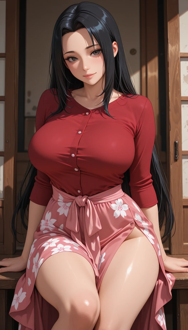 (((red clothes)))masterpiece, absurdres, hinata\(boruto\), 1girl, solo,mature female, off-shoulder crop top, looking at viewer, (falling petals), perfect composition, detailed lips, big breast, beautiful face, body propotion, blush, (pink lips), long hair,  purple eyes,  soft gaze,  super realistic, detailed, photoshoot, realistic face and body,  expression, seductive expression,(very huge bare tits)( red microdress )