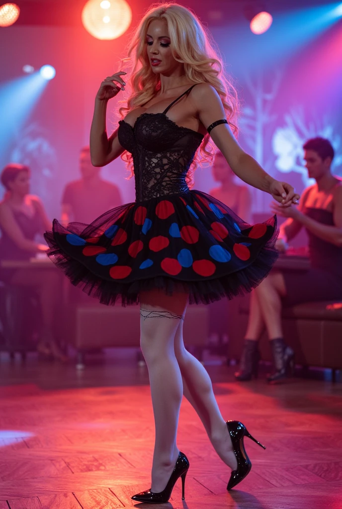 (medium full shot) of (dramatic French cancan dancer) young woman, south african, dark skin, hazel eyes, petite build, extra long blonde hair, wearing a purple cancan dress with ruffles, fishnet stockings, embellished heels, bold red lipstick, chandelier earrings, frilly garter, set in an elaborate cabaret performance, with dancers in colorful outfits, a lively crowd, and a festive ambiance, woman smiling, Masterpiece,best quality, photo, realistic, very aesthetic, detailed face,