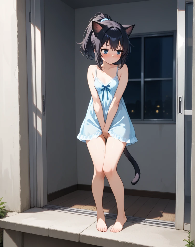1girl,solo, facing viewer, looking at viewer, smile, short hair, ((completely ,cat girl,collar)), Cameltoe,((pubic hair)),full body