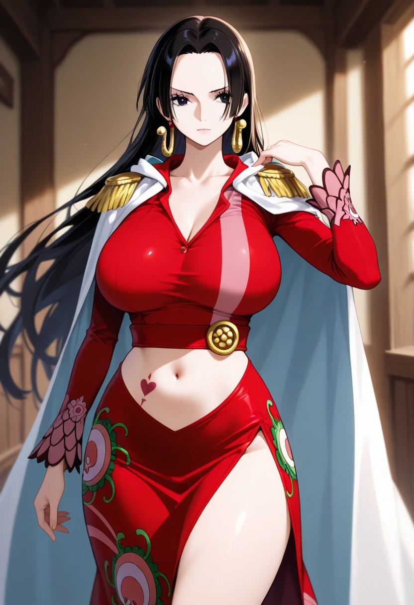 masterpiece, best quality, 1girl, Kagome Higurashi, Kagome Higurashi as a Samurai Geisha, long black hair, brown eyes, 2, Japanese mature female, matured face, big breasts, cleavage, she's looking directly at the camera with a (fierce, dangerous, seductive) gaze. She stands tall while donning the formidable gold and red armour plated traditional armor of a samurai. Holding traditional samurai katana sword. Her gaze is both alluring and fierce, as she holds the sword with a delicate yet deadly grip.
