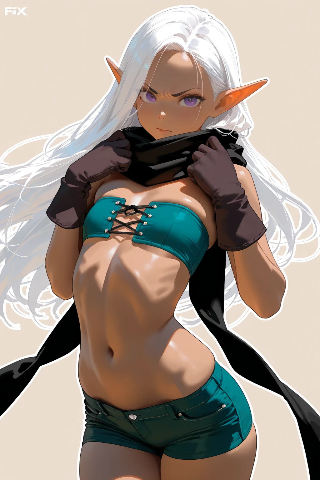 Emilia re:zero, purple eyes, Emilia, crown braid, x hair ornament, flower hair ornament, white hair, long hair, medium breasts, a drawing of a woman in a bikini top and thong panties, elf, dark elf, drow, female drow elf, deviantart artstation cgscosiety, elf with blue skin, elf girl, colored sketch, dark elf princess, dark elf maiden, blue elf, female alien, holy cyborg necromancer girl, perfect drow