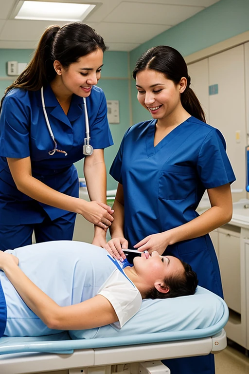 Doctor performing surgery. Two nurses help him