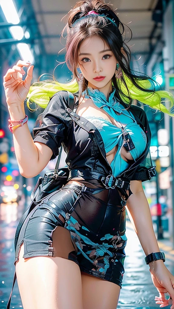 masterpiece, 1 beautiful girl, Detailed eye, Swollen eyes, top-quality, 超A high resolution, (reality: 1.4), 电影灯光, very extremely beautiful, Beautiful skins, A slender, Forward-facing body, (A hyper-realistic), (hight resolution), (8K), (ighly detailed), ( Best Illustration), (beautifully detailed eyes), (ultra-detailliert), 详细的脸, Bright lighting, Professional Lighting、the most beautiful and sexy cyberpunk girl, neon green hair, yellow eyes, dark african skin, wearing incredibly detailed futuristic cyberpunk battle armor, huge enormous gigantic tits and exposed, tons of tattoos and piercings, in hyper futuristic city metropolis, cherry blossoms blowing in the wind, cinematic, incredibly perfect masterpiece, high quality, high resolution