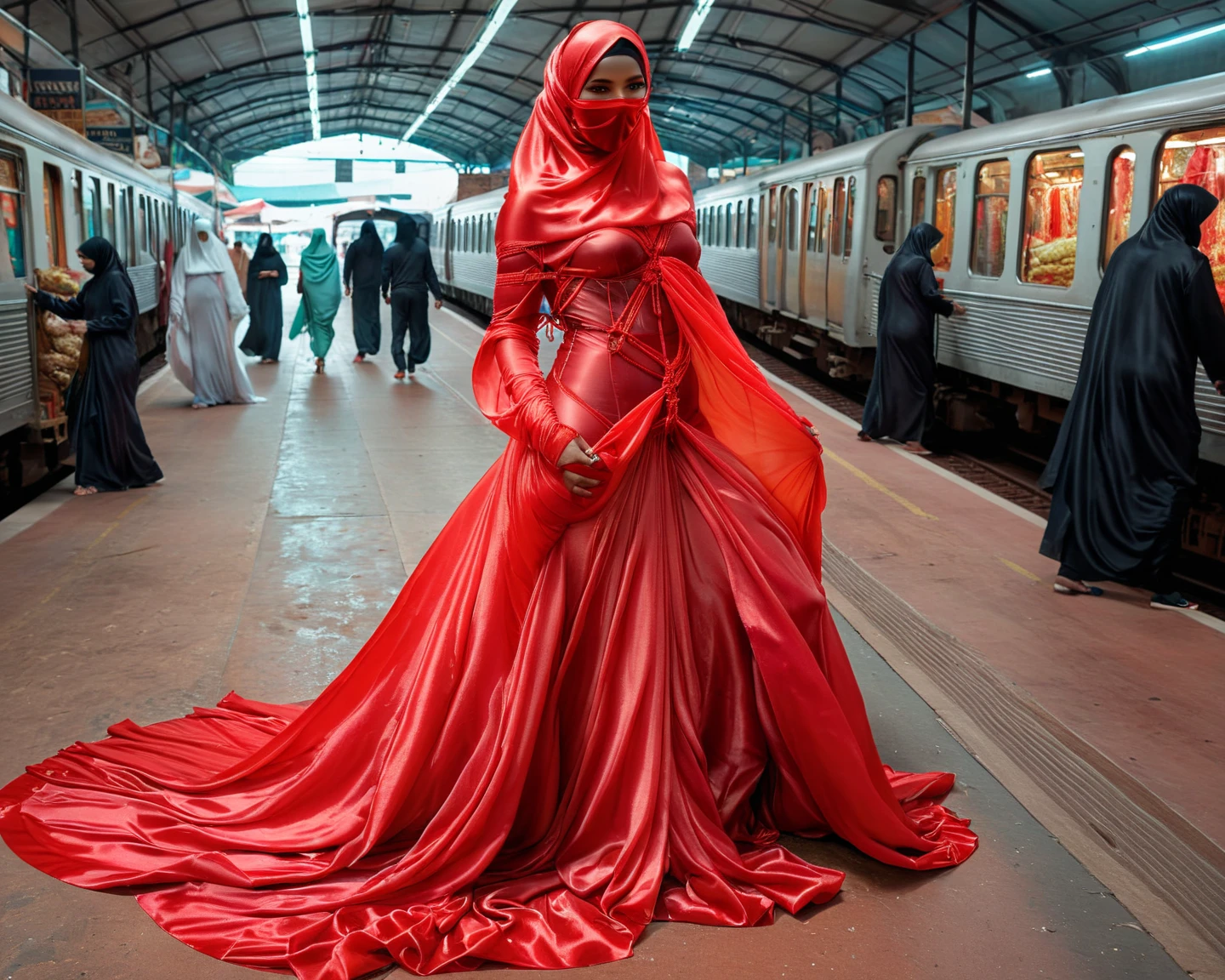 A woman shrouded in a 4-meter-long, plush red satin cloth, tightly bound and grandly draping along the form of her body, flowing off into a pooled floor-length train, styled in a mermaid-inspired outfit, her head modestly veiled in a satin hijab, tall woman, walking in market, a full-body pose posing in front of people, captured in a 4k resolution, ultra-realistic