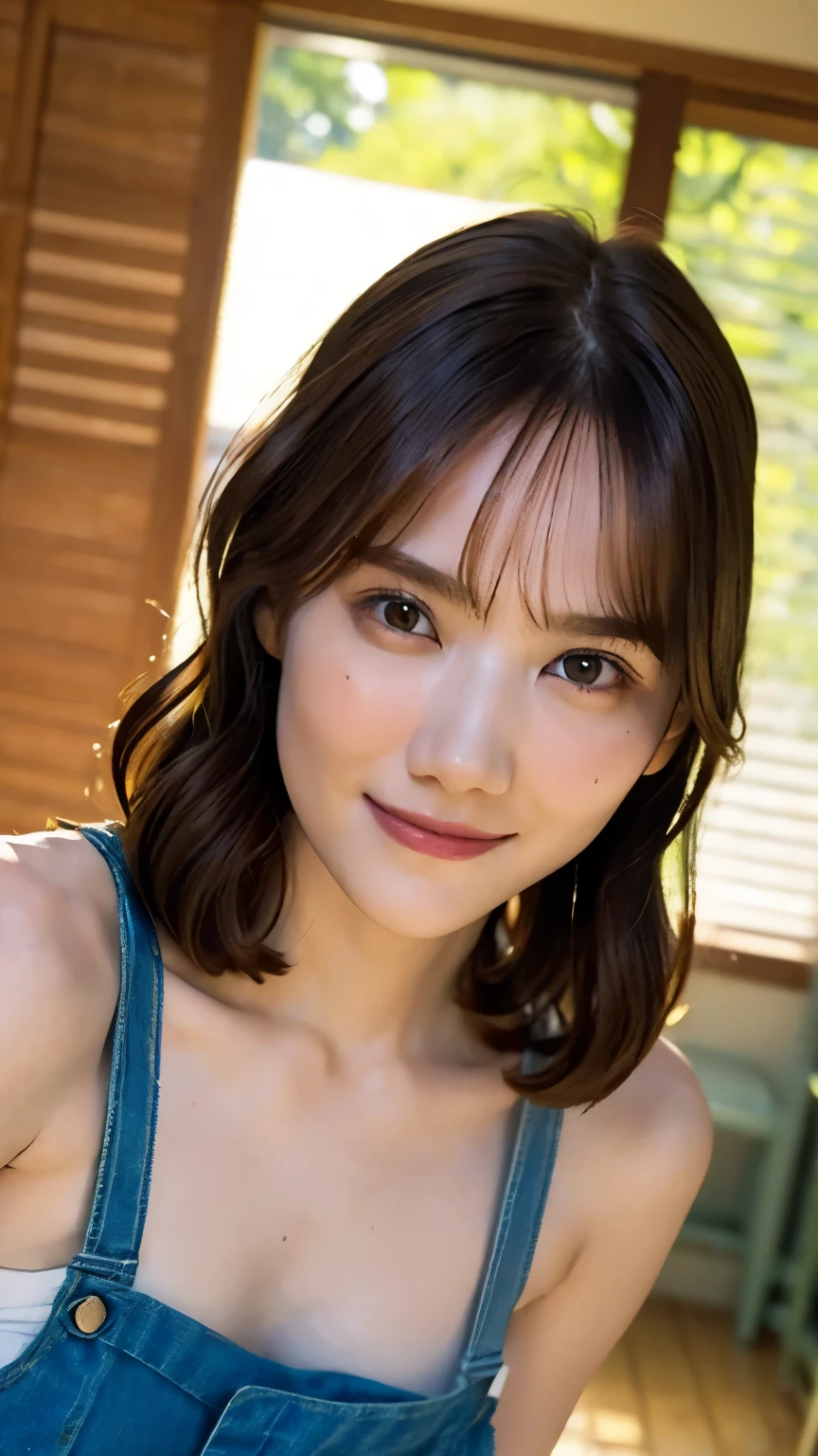 ((disposable film camera, instax)),(masterpiece,best quality:1.4),(8k,raw photo,photo realistic:1.2),shiny skin,detailed skin,detailed face,detailed eyes,1girl,Japanese idol,beautiful face, (((nfsw))), (short wavy hair), ((upper body)), ((small breast)), (light smile, looking at veiwer),(wearing naked denim apron, show cleverly), dutch angle, show nipples,