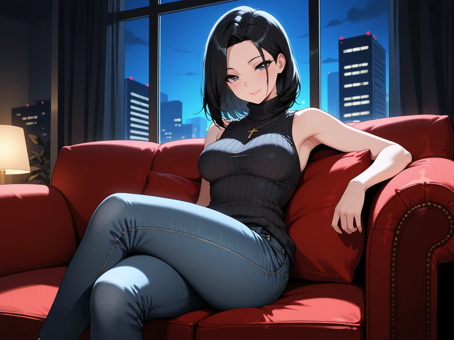 1female,black hair,short hair,red eyes,Facing right, looking away, seductive expression, photo,Camera angle from the side, half body photo,red jacket,black tanktop, big breasts,blush, black trousers, ultra detail, ultra HD
