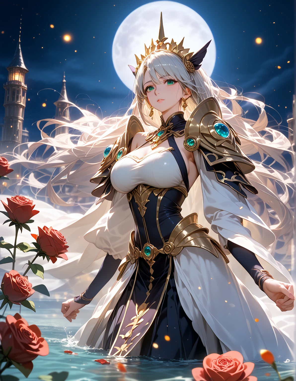 Anime beauty woman, silver hair, Red eyes, gold earring, White queen dress, best quality, masterpiece