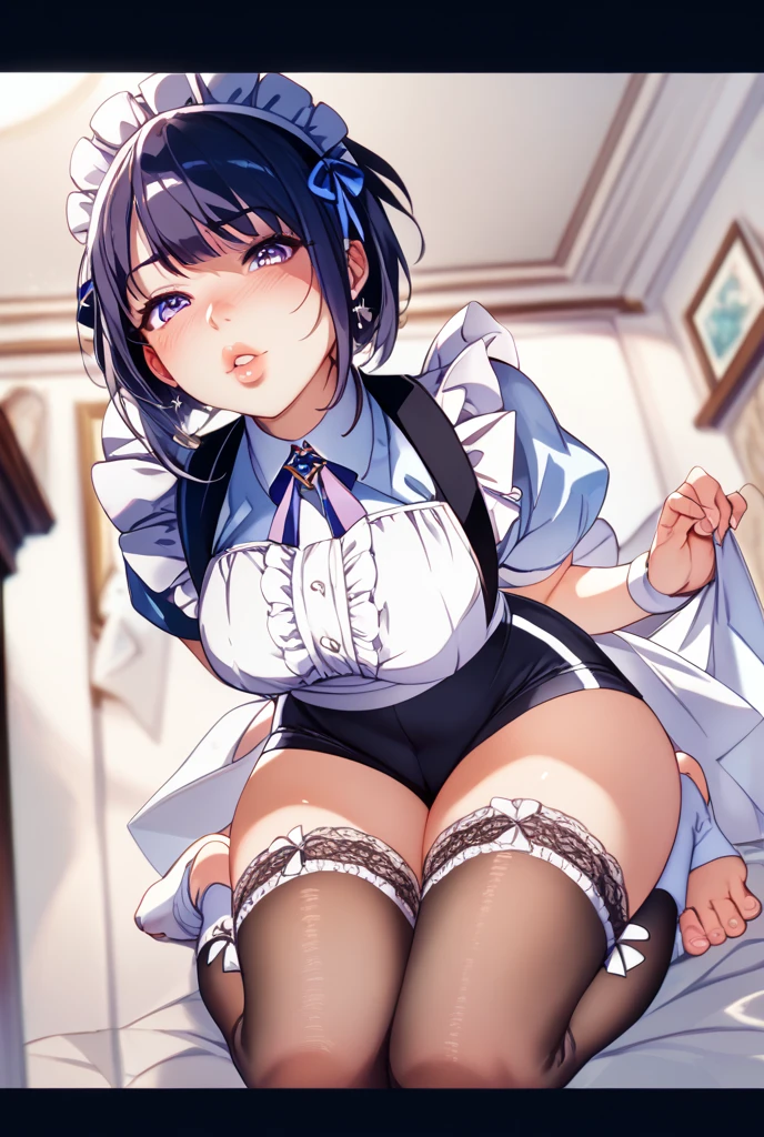 (((Pixel Perfect, Perfect in every detail,nsfw,,clothes lift,large breasts,light smile,dpubic hair,alon,solo focus,clothes lift,1 girl,black thigh-high socks))), alone, One girl, ((Ruka Sarashina)), Blue Ribbon, big , (Princess Maid), View your viewers, In the room, sitting,spread legs