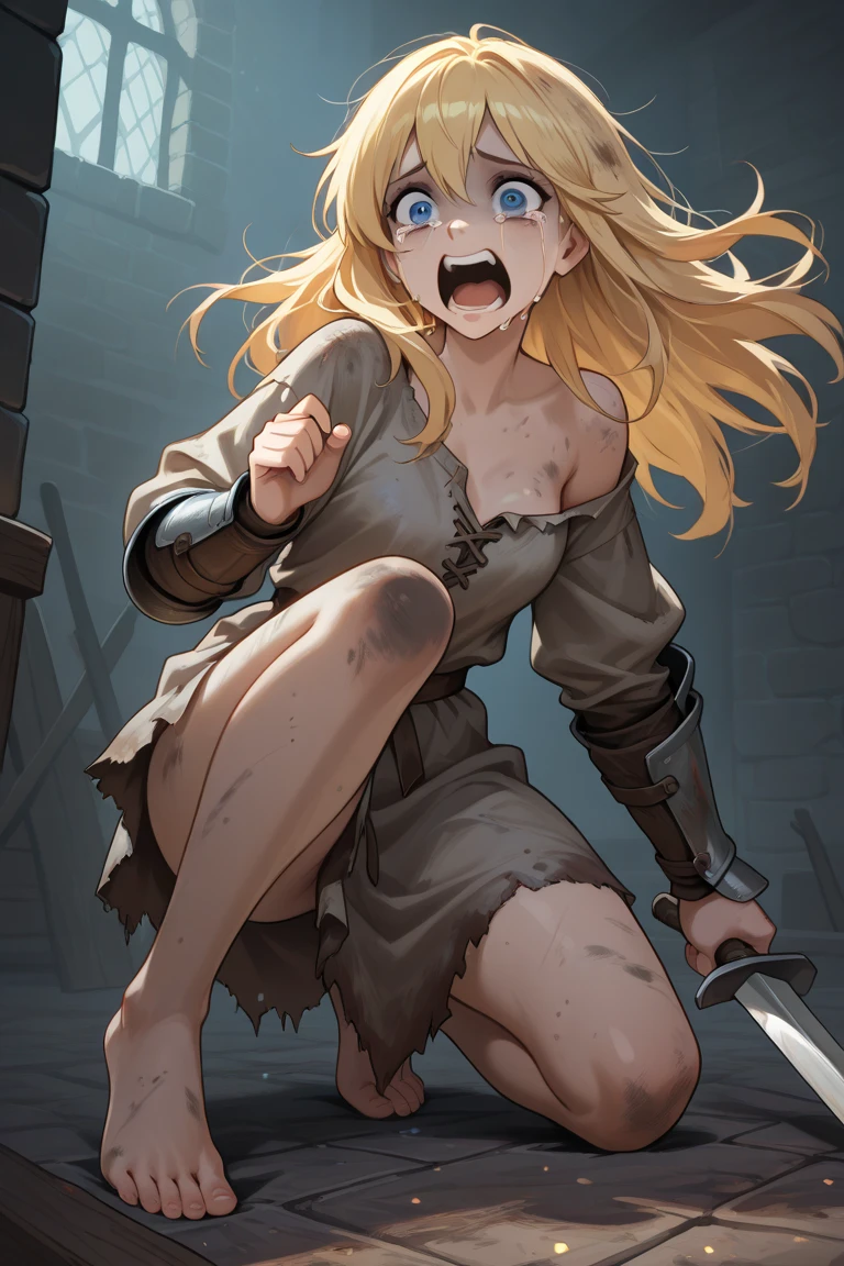 {{{nsfw}}},mature woman,princess,beautiful eyes,warrior,armor,white armor,blonde hair,long hair,hairband,side bang,breastplate,pleated skirt,white skirt,leotard,white leotard,cameltoe,1 girl,multipul boys,hetero,nose blush,open mouth,cry,embrrassed,love juice,slim body,small breast,sweat,restrained,arms behind head,arms up,defeat,bdsm,cowboy shot,from below ,handcuffs,shackles,indoor,wooden_horse,rub crotch,torture,goblin,ugly goblin,pervert goblin,surrounded by goblins,cum on body