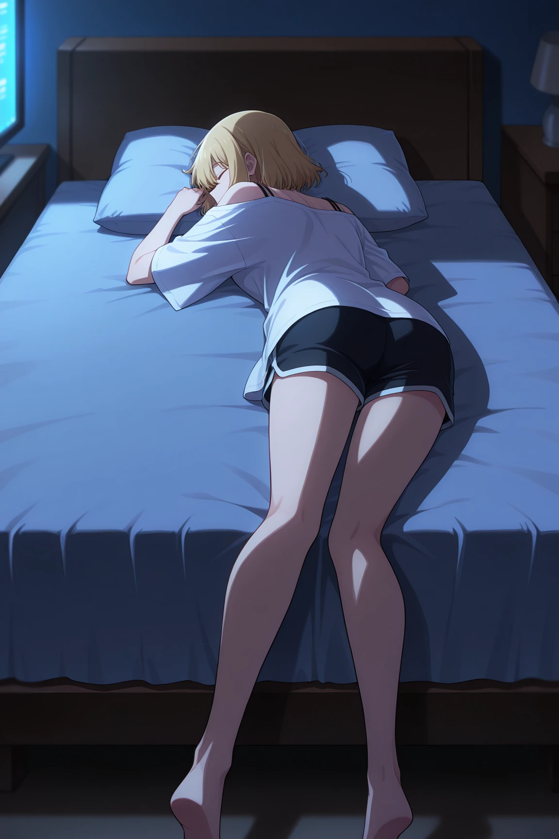 (superflat, flat shading, flat colors:1.1), 1girl, petite, loli, slim, small breast, bottom, messy blonde hair, white t-shirt, (white panties), from behind, (white socks), lying on bed, sleeping, bedroom, bright sunlight, warm, best shadows, watercolor,