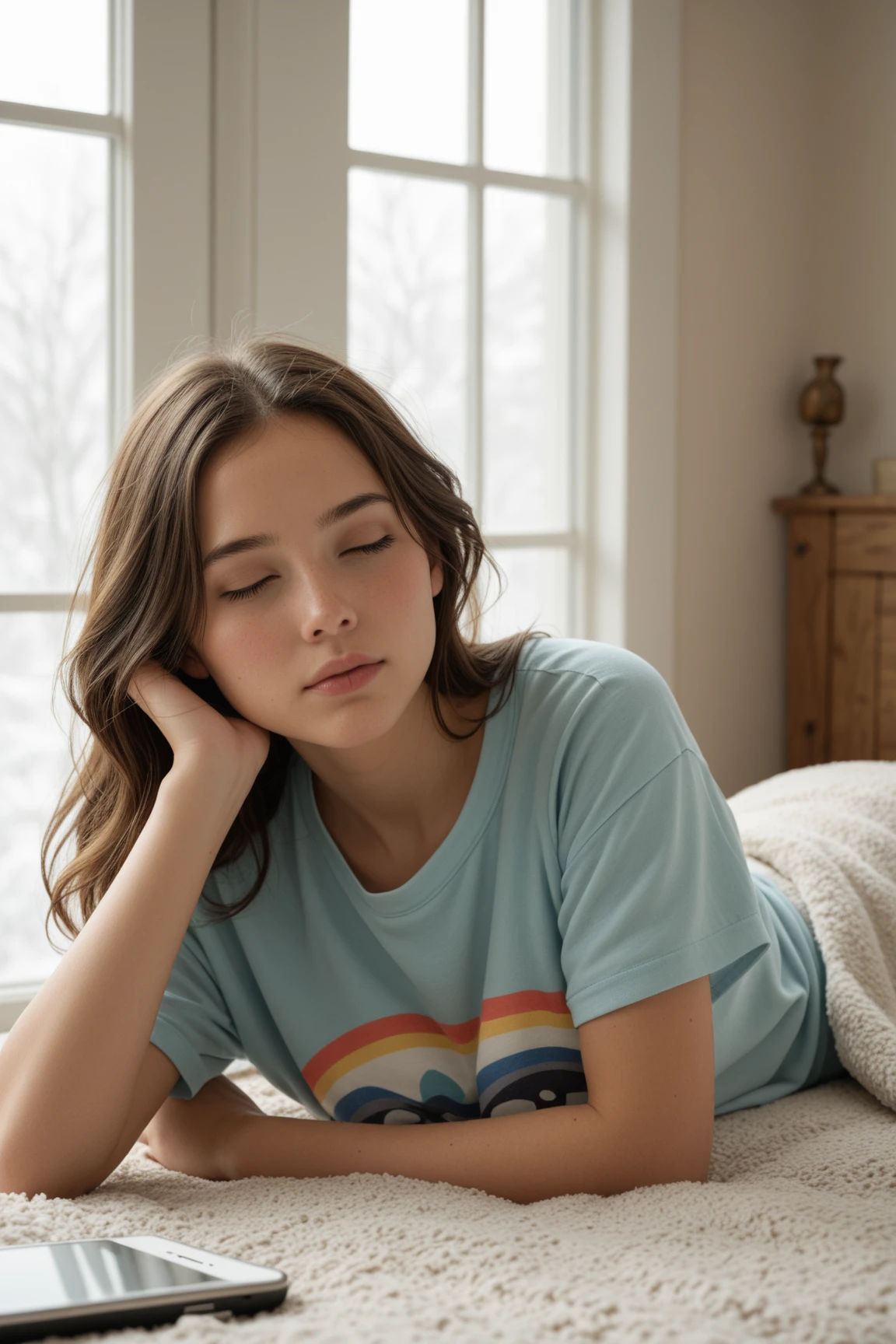A girl with sad face lying in the and texting through her mobile
