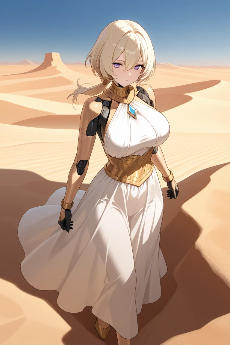 Evelyn1, <lora:Evelyn1:0.6>, Highly detailed, High Quality, Masterpiece, beautiful, long hair, white hair, green eyes, large breasts, harem outfit, egyptian armor, full body, desert village, sand dunes, sand, cactus, pyramids, chains, dust, windy, sandstone, desert temple scenery, full body, hands on hips,