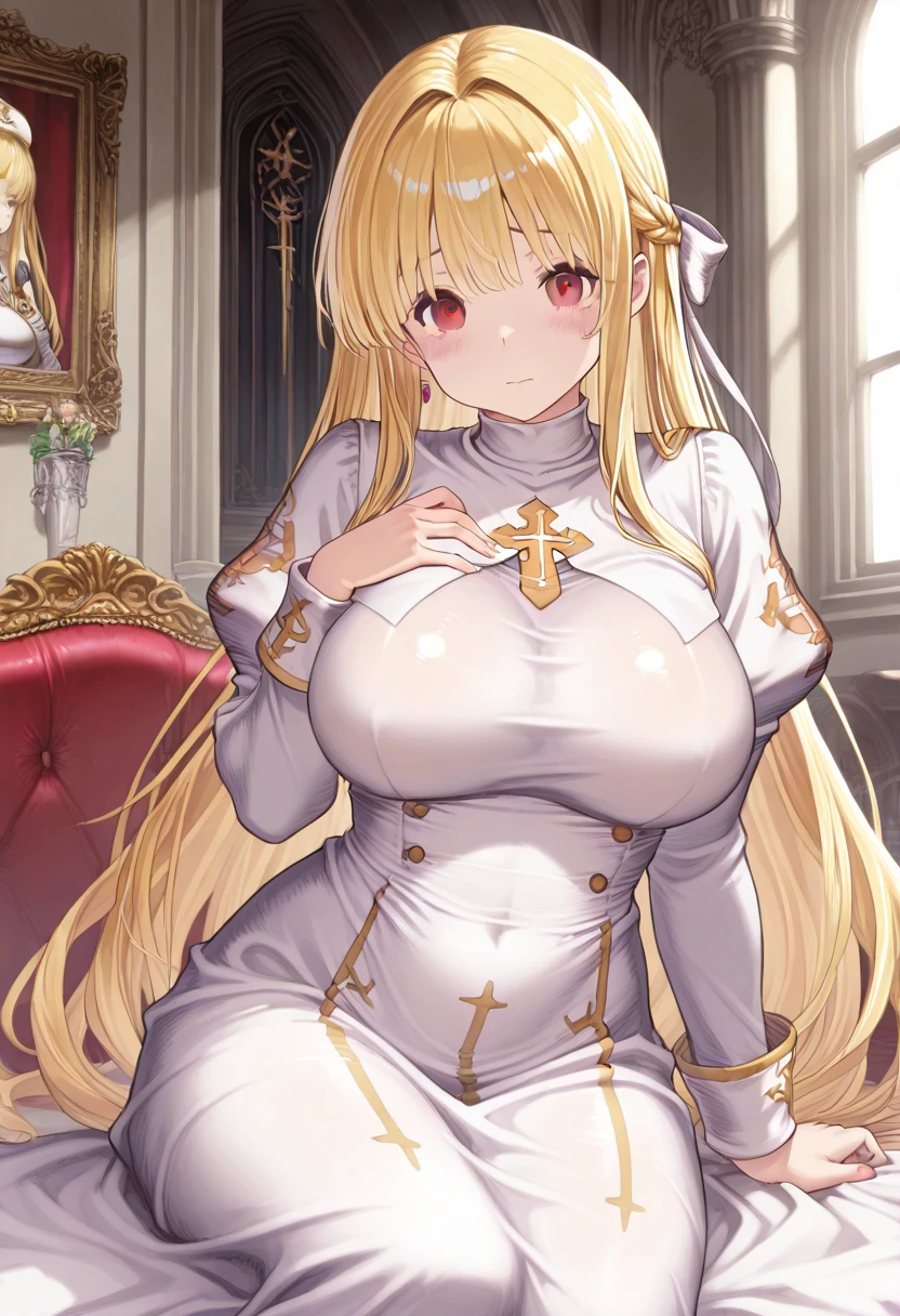 Masterpiece,8K,ผู้หญิงที่มีbig tits,gorgeous woman,transparently,long blonde hair,Big Hair,((Cut Hime)),gorgeous jewelry,crystal hair accessories,rift,pubis,In front of the elegant church altar、brighter light,半transparently,(Luxurious shine)、((puffy sleeves))、Long wrist,Show your navel,white embroidery、five fingers、Red cheeks,The princess wears a sexy princess dress.,แขนเสื้อเป็นลูกไม้transparently), (photoReally usable:1.4), (Masterpiece, side lights, Delicate and beautiful eyes: 1.2), dynamic poses, Masterpiece*Portrait, Really usable, 3D face, glowing eyes, shiny hair, Glowing skin, lonely, (diaphragm), extra long hair, smile, from being attacked, (Masterpiece), best quality, bearish, necklace, earring,full chest, (big breasts:1.1), rift,rift, big breasts,Show your breasts,The cracks are clear...,((big tits)),(กระดูกpubis), rift, visible chest, ((bare breast:1.37)), I see bulging nipples.,(((large areolae:1.4,pink,The nipples are clearly visible.....))),