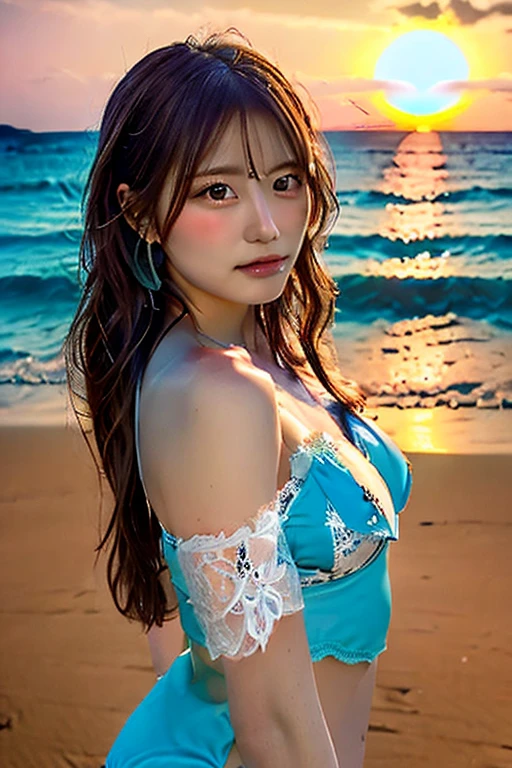 Ultra-high definition 8K photos of Japanese gravure models,Shoulder-length wavy hair and striking hazel eyes. She poses seductively on a tropical beach, Chic outfit, Highest, mini skirt, The afterglow of the setting sun casts a warm light on her.., When she was naughty, Looking into the camera, Surrounded by the tranquil and beautiful sea and palm trees