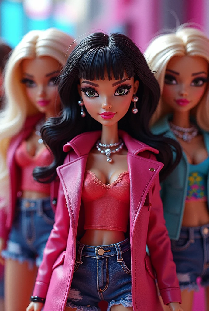 Several blonde dolls with different styles , a street style shiny tracksuit with cigarette in hand , another blue jean dress , hair wet , an oversized black leather street dress with her hair tied in a ponytail