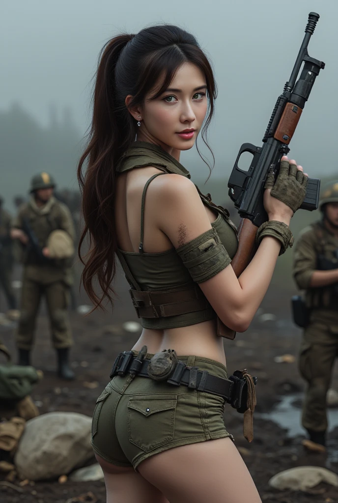 Close-up of a scantily clad teenage girl fighting on the battlefield,Full body close-up,Destroy the enemy