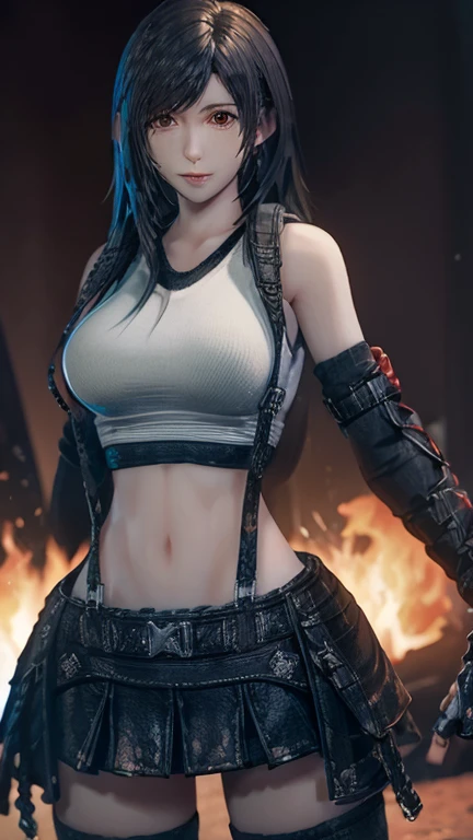 Unreal Engine 5 Realistic Render, (masterpiece, best quality), intricate detailest quality)), ((masterpiece)), ((realistic)), (hyperrealism:1.2), (fractal art:1.2), 
1girl, tifa lockhart original costume, white crop top, arm guards, fingerless gloves, suspenders, pleated miniskirt, black thighhighs, red boots 
extreme detailed eyes, colorful, highest detailed, 
vibrant colors, high contrast,
(8K UHD:1.2), (photorealistic:1.2), beautiful face, top body is hyperrealistic thicc muscle and hyper largest_breasts!! with the type of boobelons, lower is huge buttocks, wet shiny body