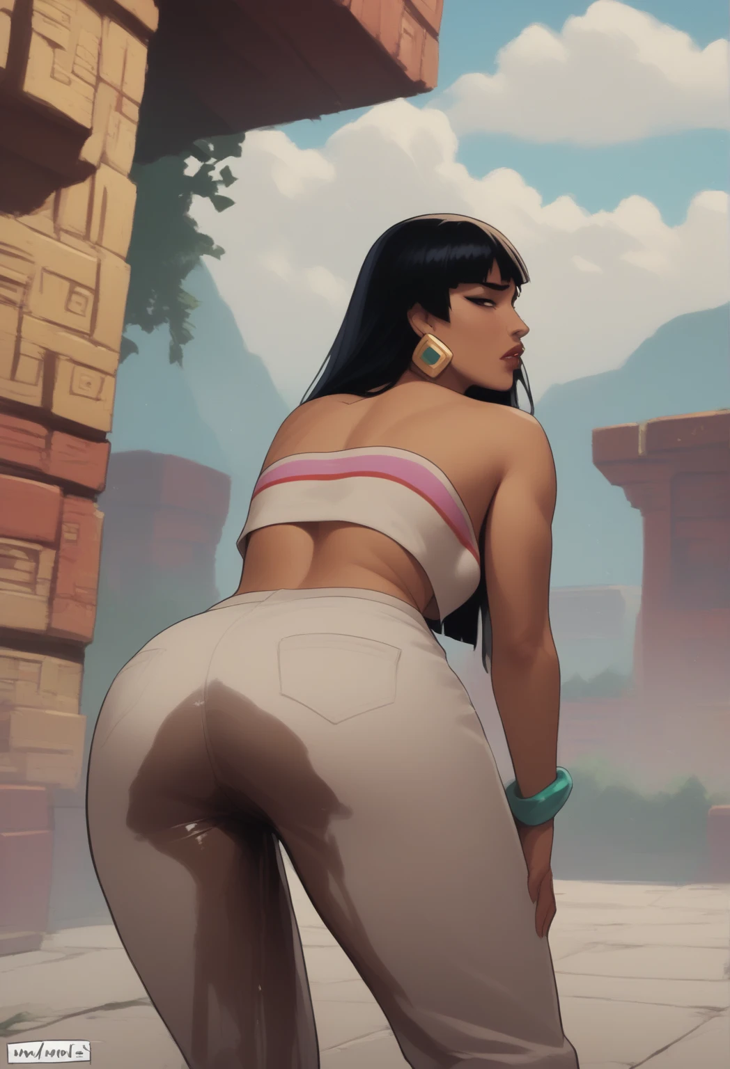 Creating an illustration of a woman futa in her thirties, shoulder length black hair with a back side bang, black eyes, dark skin. happy expression - she's wearing nothing, she nude, make sexy full body!!! - she's walking in a desert - digital art style