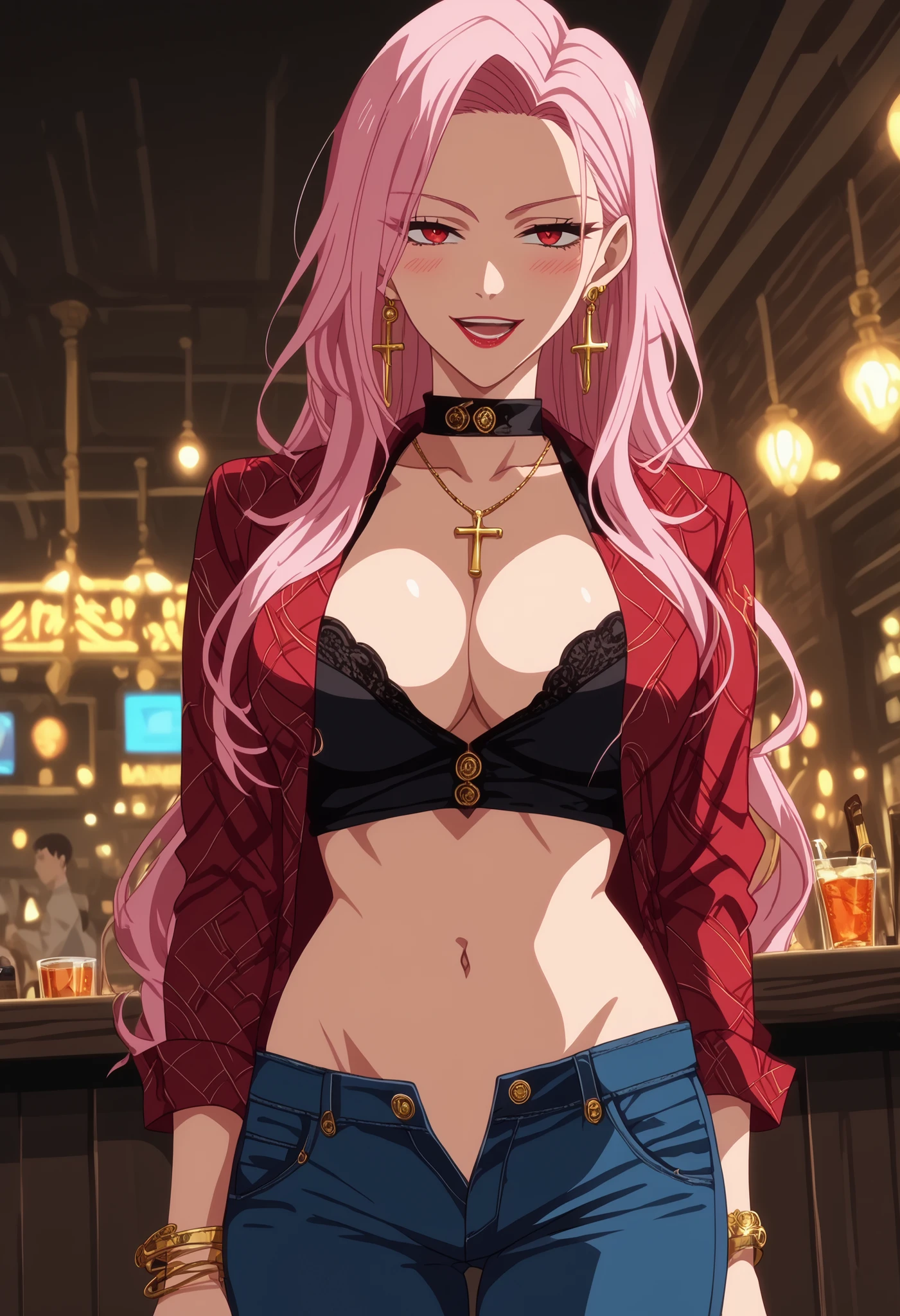 ultra detailed, perfect details, 1girl, solo, indoors, dnfduelspectre, very long hair, pink hair, curtained bangs, red eyes, single earring, mature female , jewelry, black collar, bracelet, (anime coloring:1.5), (anime screencap:1.5), large breasts, , , ear piercing, long hair, blush, lipstick,Hot girl, baddie, smoking, sensual, attractive, ,cross
necklace, bar background, inside bar, indoors, cityscape, casino, nightclub, city lights,,
pull_down jeans(show off panties,:1.2, no panties),masterpiece,high
quality,4k,belly,,holding pistol,cleavage, ,unbuttoned shirt, collared shirt, knot, smile, open
mouth, (nsfw) not safe for work, evil expression,belly, exposed navel, exposed midriff,
exposed lower belly,dragon print jacket, unbuttoned jeans , low rise black jeans, Low rise
jeans with open fly, nipple slip, criss-cross halter, shoulder holster,,, dragon tattoo on waist , narrowed eyes , tattoo on waist , medium large breast , anipai_style , anime screencap , anime coloring,