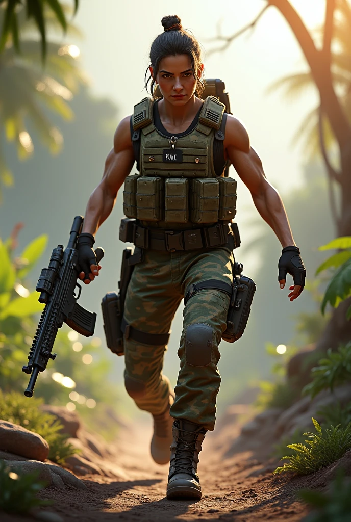 Photorealistic, high resolution, 1 malay girl in hijab from Selangor, Solo, Hips up, Battlefield background，view the viewer, (Detailed face), White hijab, SWAT vests, sniper rifle handle, camouflage combat suit, Camoflage military uniform, SWAT Boots, bulletproof vest, Holding an assault rifle, M16, Inside the jungle of Royal Belum, Very detailed, Perfect face, Black eye, jewelry, (full body view), Lifelike, masterpiece, HDR, 4K