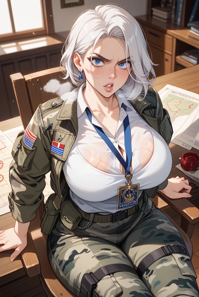 Hot sexy beautiful one women military officer,  long silver chandelier earrings,big breasts, ,grey hair ,  hair bun,blush,blue eyes, smiling,red lipstick, military sergeant uniform 