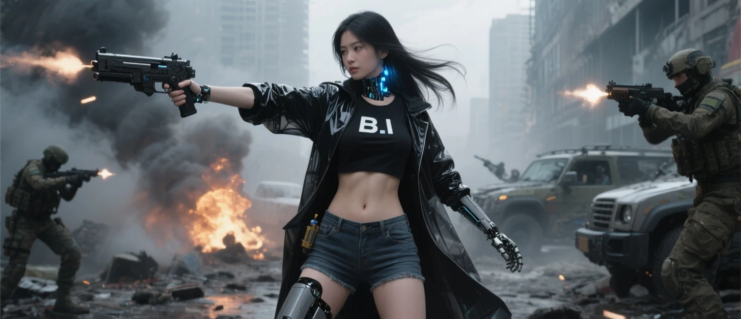 Create an image girl from '2067', where a futuristic city is depicted completely destroyed, due to a virtual reality game that has contaminated people's minds. The image should convey the feeling of chaos, desolation and destruction, with destroyed buildings, empty streets and the striking presence of technology. Descendant mixed-race arabian asian.