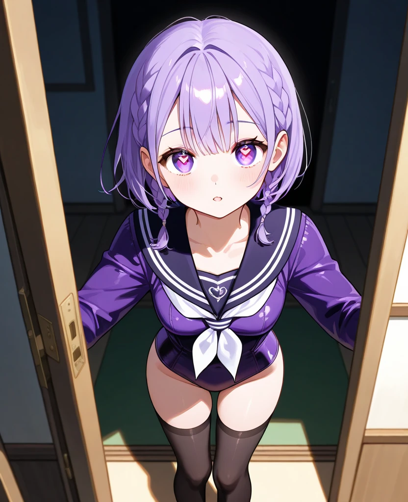 (Purple hair:1.4), gray eyes, 11 years old, short, short long hair, kind expression, shy, almost no breasts, slightly exposed. hair,(flipped hair ), flipped hair, ahoge, girl alone, flipped hair, flipped hair, flipped hair, flipped hair, glasses with no edges, embarrassed, flat chest, , (Naked: 1.5),nipples are visible,pussy are visible