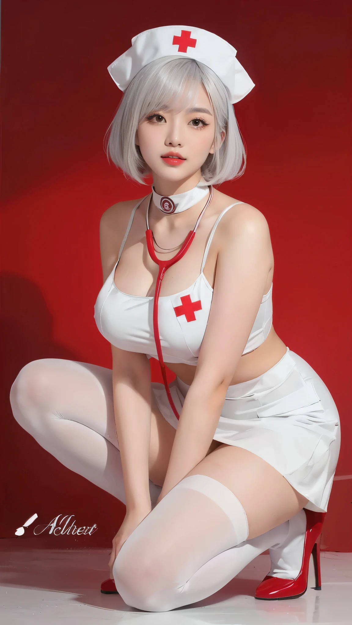 masterpiece,best quality,ultra detailed,hires,8k,extremely detailed CG unity 8k wallpaper,unreal engine rendered,photorealistic,realistic,photograph,(A woman with dirty skin all over:1.4),穿越火线疯狂宝贝,穿越火线游戏里面的疯狂宝贝幽灵,游戏角色,(short white hair:1.4),(hair obliquely to one side to cover one eye:1.1),(black smoky eye makeup:1.4),pupils cloudy and blue and white,wearing a nurse's hat on her head,(White nurse tight skirt:1.2),(no bra can be seen:1.4),(cleavage can be seen:1.5),(looking at the front with several short blue tubes inserted behind her head:1.1),(wearing a broken and cracked white nurse suit:1.2),a large amount of skin exposed,(the hem of the nurse's suit is cracked:1.5),(the nurse suit is very dirty with blood:1.2),the arms are raised in a waving motion,(the fingernails are sharp and slender:1.2),(the nails are blue and glowing blue:1.2),(and there is a long blue tubular tail at the tail vertebrae on the back:1.2),(The tail is smooth like a blue plastic tube:1.1),the hands are wearing broken and dirty white gloves,(the slender legs are spread apart:1.3),(the thighs are spread from the calves to the blue disorderly linear texture:1.3),(wearing white stiletto heels:1.4),white nurse shoes,(can see the whole body of the female nurse:1.3),the battle damage clothes,(the skin and clothes of the whole body are dirty:1.3),(the legs are crossed and standing:1.6),(slightly leaning down:1.1),(the terrifying atmosphere:1.2),(the body is well-proportioned:1.3),(the skin is firm:1.2),(there is no excess flesh:1.3),(there is a sense of strength:1.3),(lean down and look down:1.3),(Female humanoid creatures:1.2),(3D character art:1.1),(monster girls:1.2),sinister poses,(mixed humans:1.1),(creepy poses:1.2),(no stockings:1.4),skirt to her thighs,(and red panties:1.2), UHD, 视网膜, 杰作, ccurate, 解剖学正确, 有纹理的皮肤, 超级细节, 高细节, 高质量, 最佳质量, 高分辨率, 1080P, 高清, 8k, 16k , --auto --s2