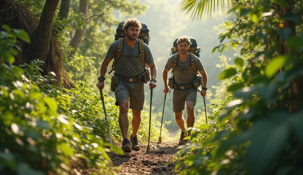 rugged adventurer lost in the jungle, determined to complete the mission