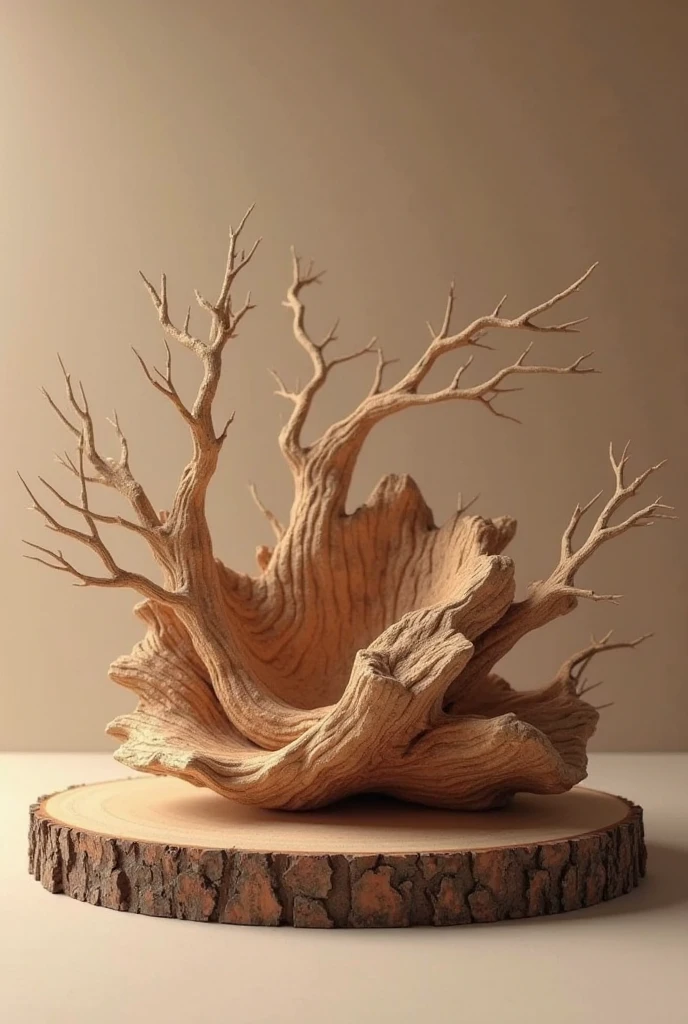 Innovative artwork using wood mass in 2 shades and white wall mass creating a relief modeled on flat glass plate 80cm futuristic nature theme trunks and leaves colors light brown dark brown and white --auto --s2