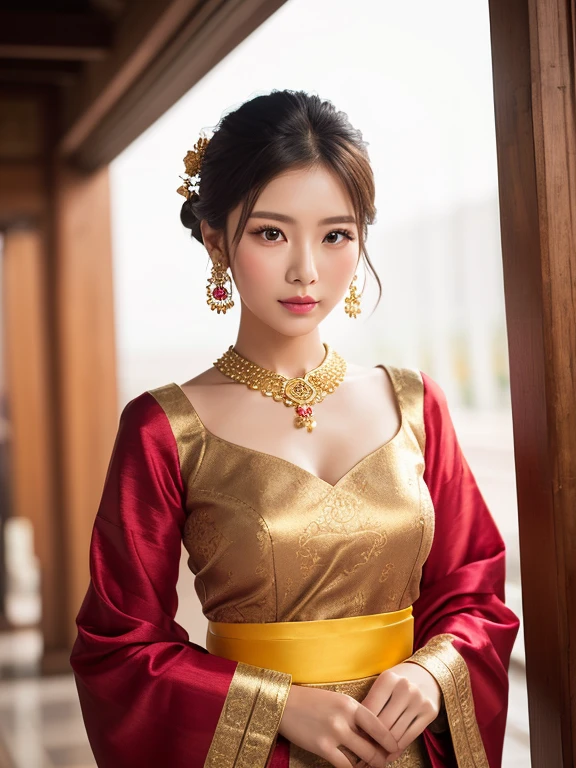 Create a photorealistic portrait of Guinevere from Mobile Legends wearing a traditional Kebaya from Indonesia. Capture her elegance and grace in this beautiful attire, showcasing the intricate details and vibrant colors of the Kebaya