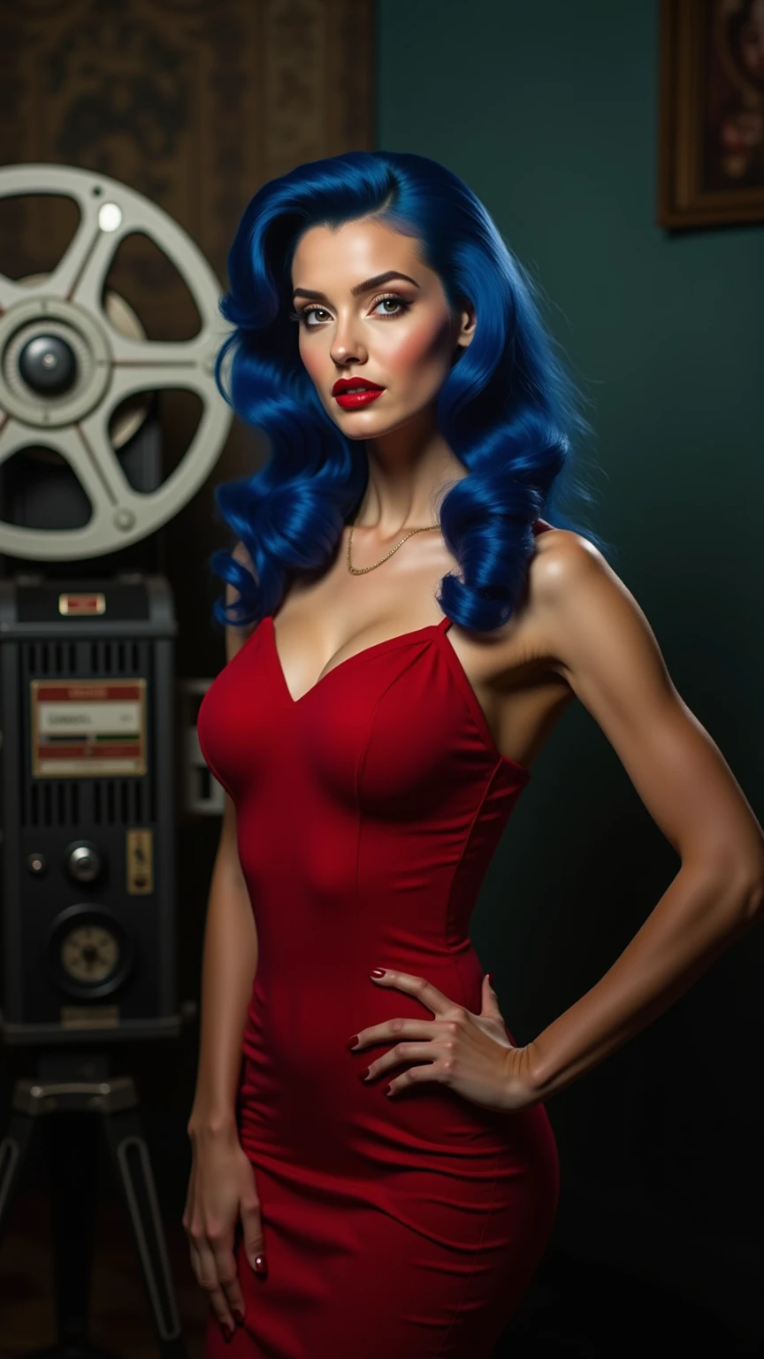 Busty woman , short blue curly hair, White skin, grey eyes, F cup breasts, short red fitted latex dress, pink lips, sharp nose, slight smile, Photo studio, Black background.