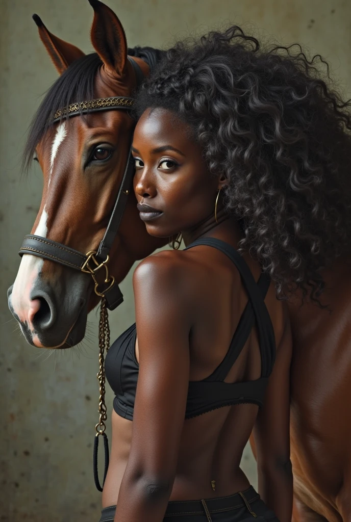  there is a black woman , the woman has, she has dark skin, with dark brownish skin, with long curly, long black loose moisturised curly hair she is riding a horse