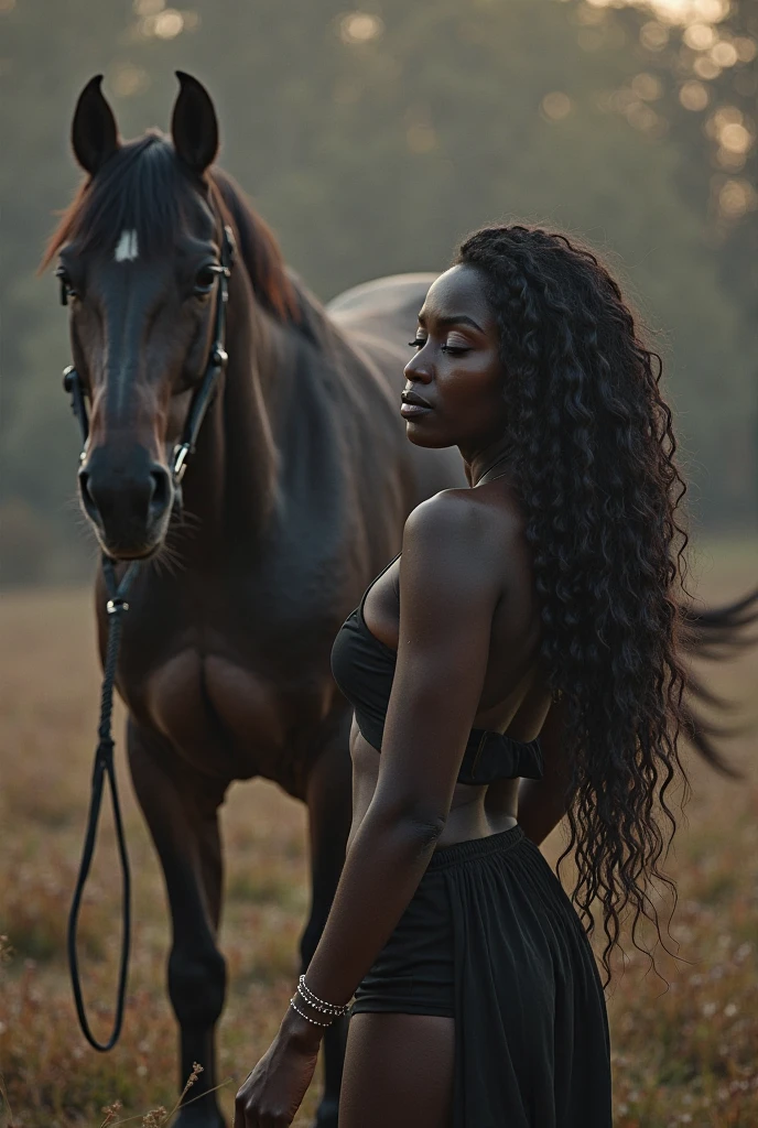  there is a black woman , the woman has, she has dark skin, with dark brownish skin, with long curly, long black loose moisturised curly hair she is riding a horse