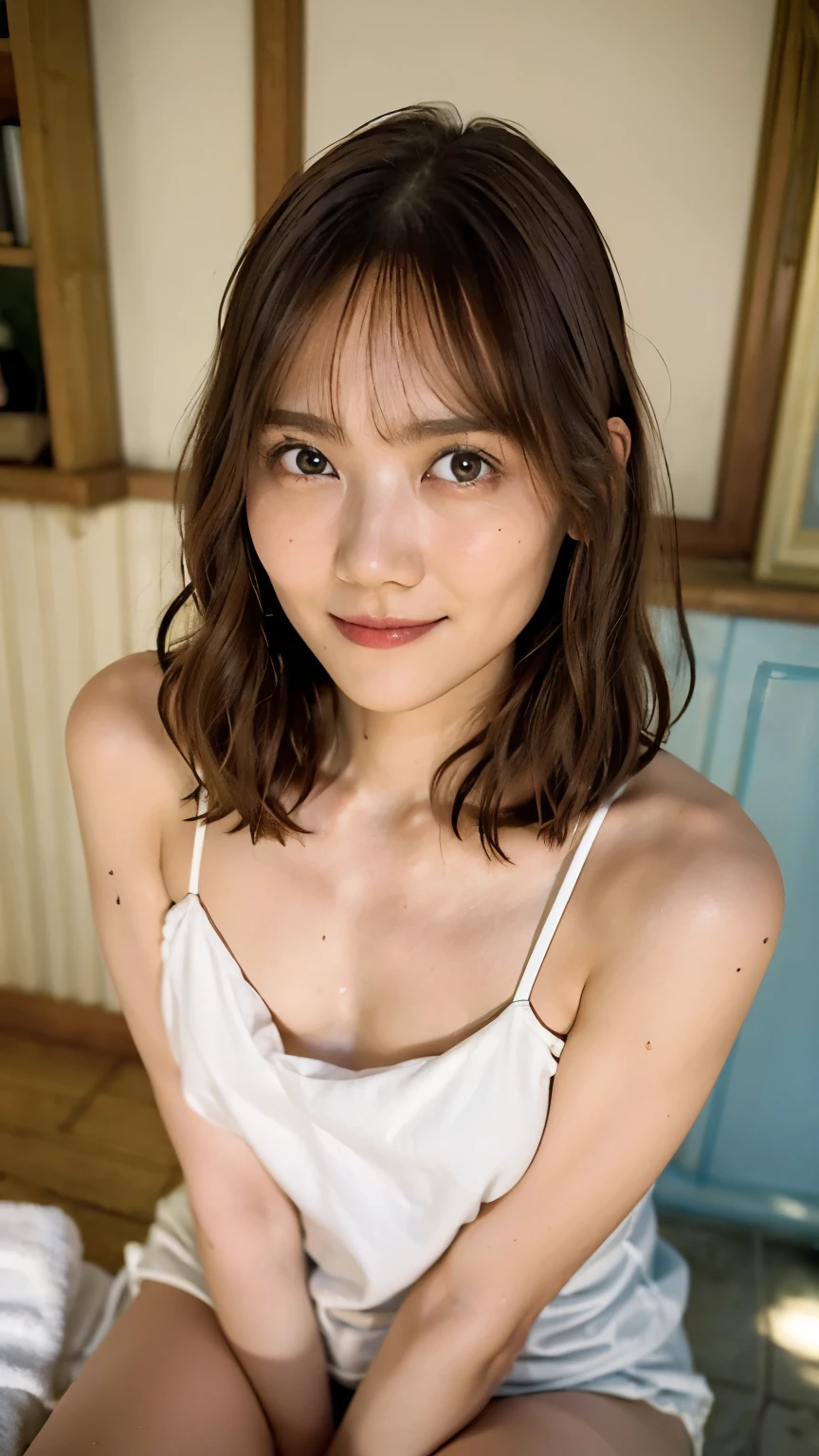 ((disposable film camera, instax)),(masterpiece,best quality:1.4),(8k,raw photo,photo realistic:1.2),shiny skin,detailed skin,detailed face,detailed eyes,1girl,Japanese idol,beautiful face, (((nfsw))), (short wavy hair), ((upper body)), ((small breast)), (light smile, looking at veiwer),(wearing naked towel, show cleverly), dutch angle, ((peeing, spread legs, squading))