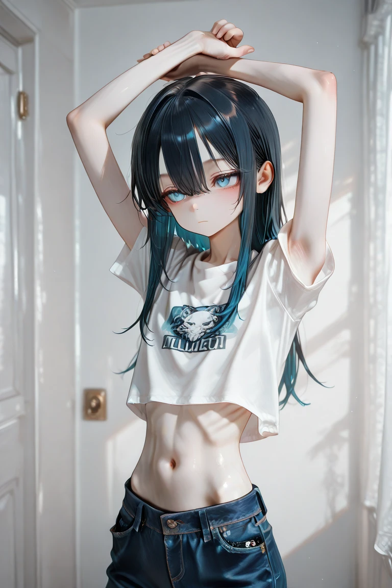 (best quality,32k, masterpiece,super detailed skin,uhd:1.2),Long black hair,Confused eyes,(((oiled skin))),Sweatだく、Swimwear、Confused eyes、Sweat、otokonoko