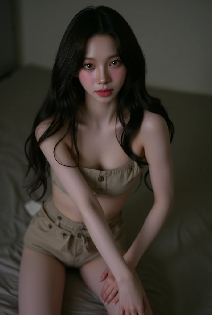 (( Midnight , best image quality, 8k, masterpiece: 1,3)), View from above, full body, A seductive pose as if you were trying to have oral sex, Facing the audience, severed, camera flash, sharp focus: 1,2, A beautiful woman with a perfect body: 1,4, ((dark brown hair, big : 1,3 )), (is taking off his clothes: 1.2), (( knee, in work clothes {x} looking up at the viewer: 1.3)), very detailed facial and skin texture, fine eyes, Double eyelids NFW,Nude