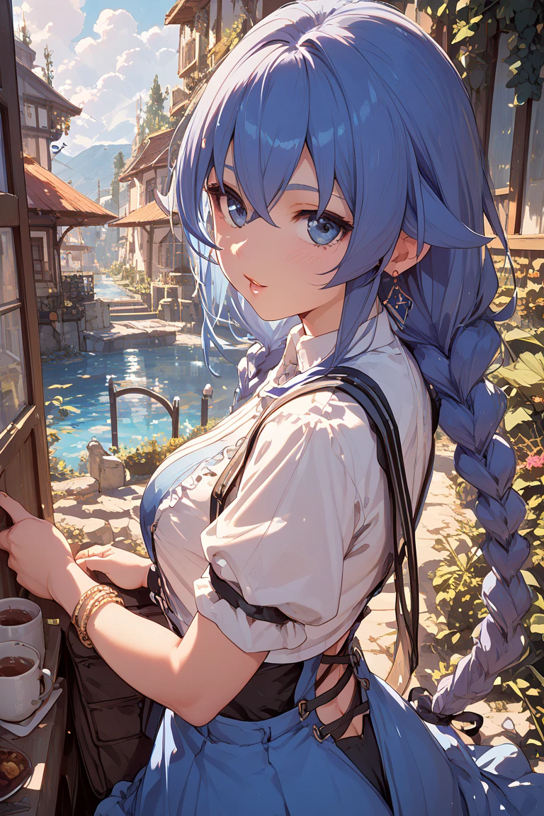 (Medieval Europe:1.2),(best quality,high resolution,masterpiece:1.2),(Stills),(Sunny atmosphere:1.3),Front view,(1 beautiful woman),(A 23-year-old woman with semi-long hair),(Soon,only revealing his upper body:1.0),(big:1.3),(),(Depth of Field),(Outdoor during the day,:1.2),Blue Hair,s eyes,short hair,posture